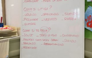 Lavagna su cui sono state scritte domande: perché si litiga? Come si litiga? come si fa pace? E le relative risposte