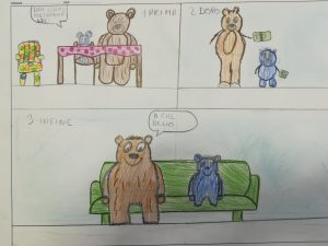 Storia illustrata da un bambino su un orso grande e uno piccolo