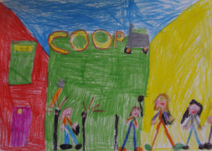 Disegno fatto da uno dei bambini rappresentate delle persone e la Coop