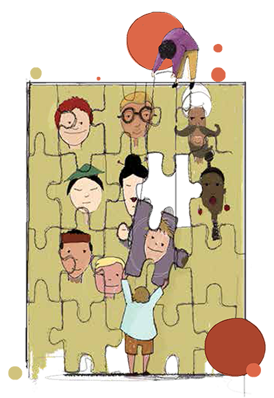 Disegno due bambini che compongono un puzzle con visi di diverse etnie