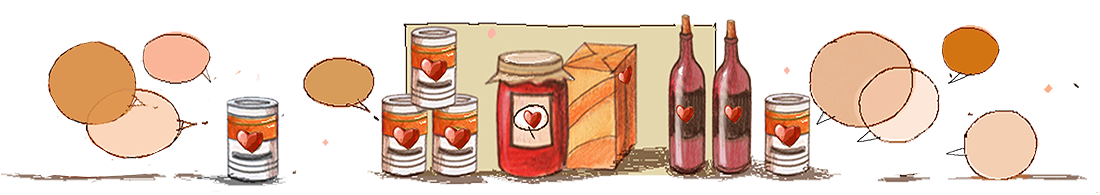 Disegno barattoli di salsa, marmellata e bottiglie di vino