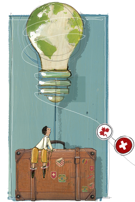 Disegno uomo su una valigia che osserva un mondo a forma di lampadina